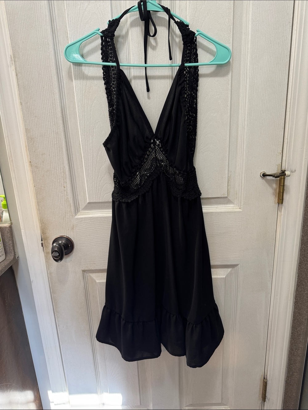 Women’s Black Halter Lace-Trim Mini Dress